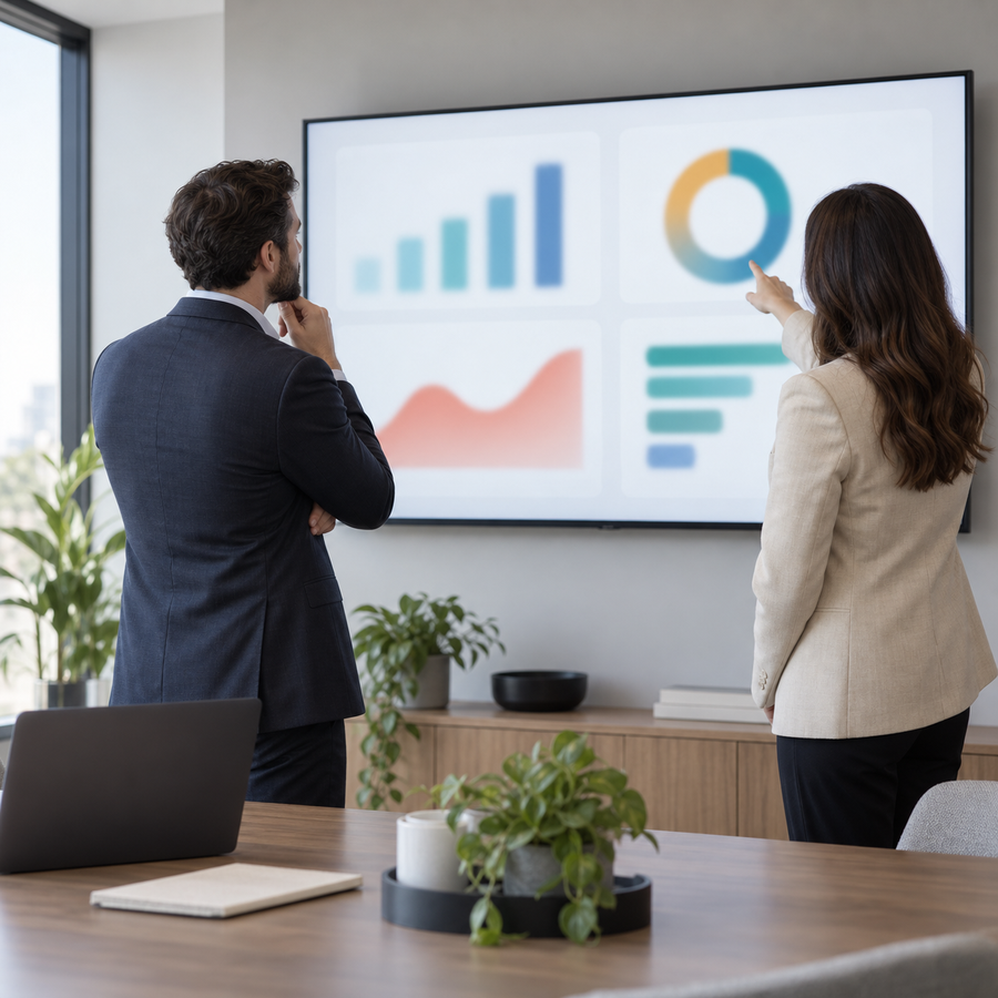 Consultant et client devant un tableau de bord mural